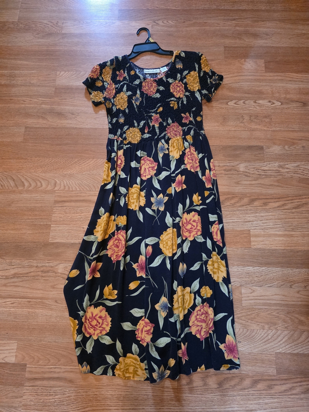 Vintage 90's Implements Floral Maxi Dress - Black with Yellow & Pink Flowers